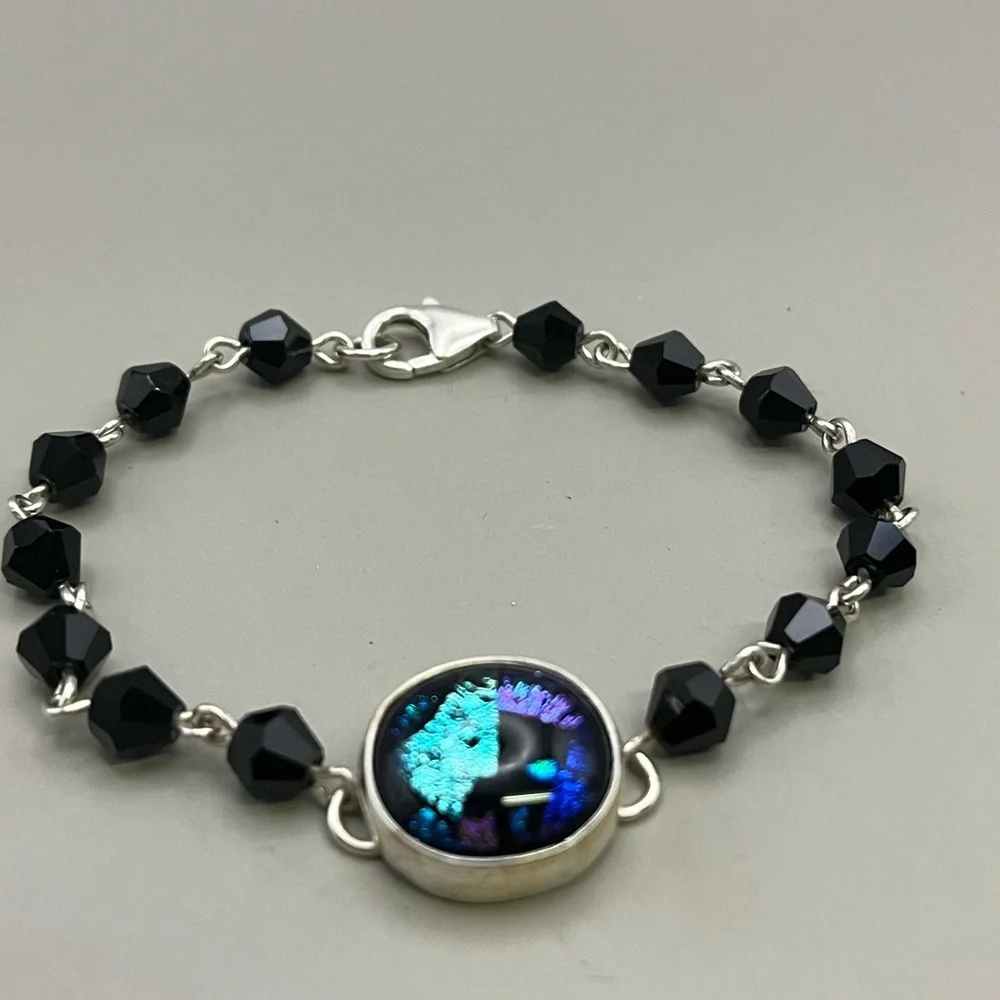 Black and Sterling Silver Beaded Bracelet with Fused Glass Center as an Accent
